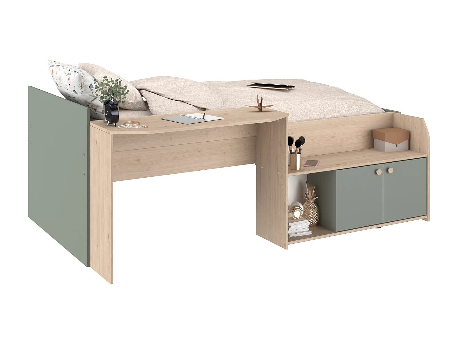 Lit combiné 90 x 190/200 cm - Coloris : Naturel et vert + Sommier + Matelas - MIVONA