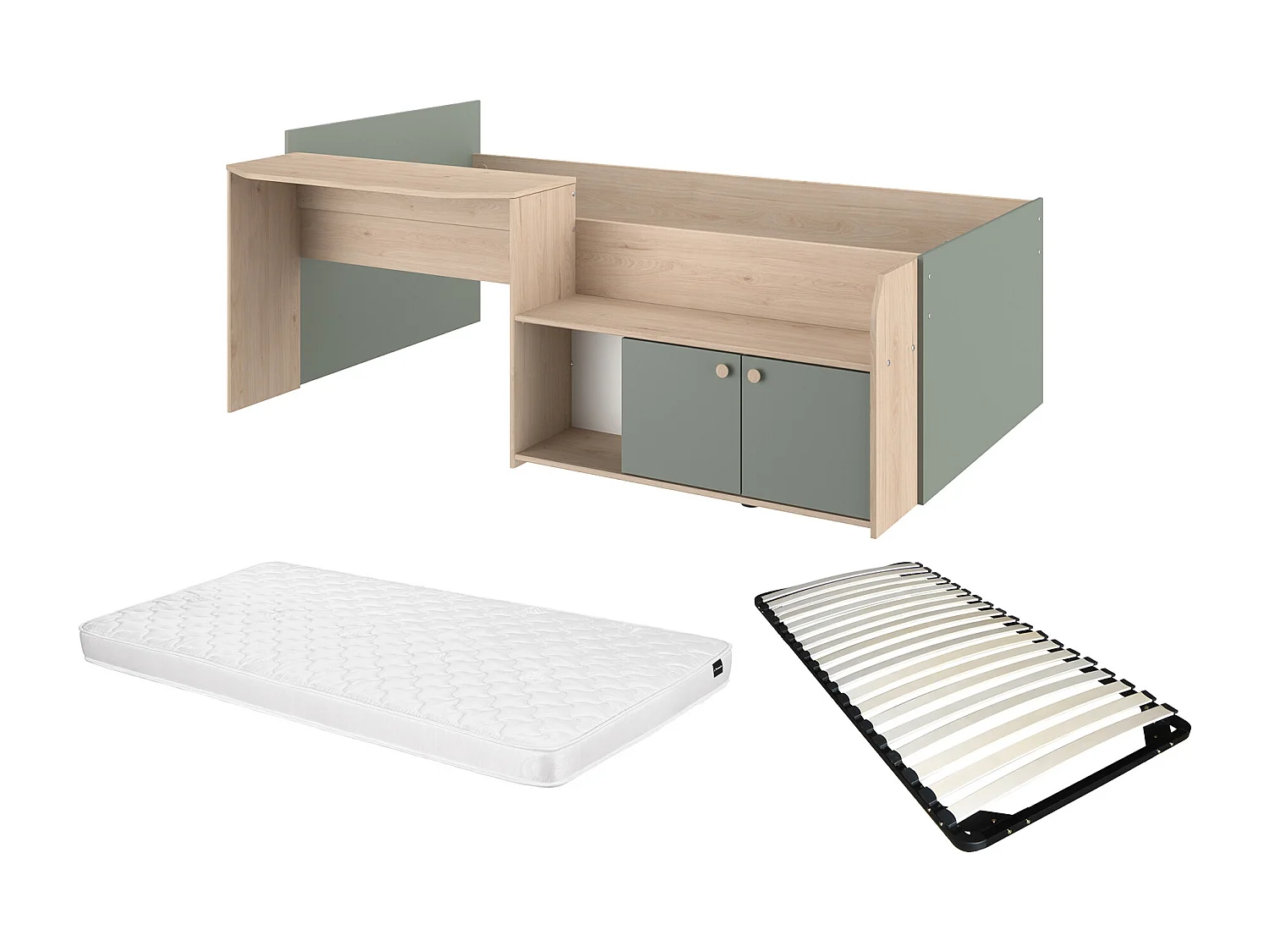 Lit combiné 90 x 190/200 cm - Coloris : Naturel et vert + Sommier + Matelas - MIVONA
