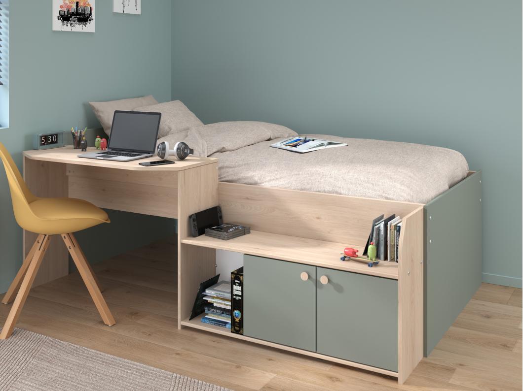 Lit combiné 90 x 190/200 cm - Coloris : Naturel et vert + Sommier + Matelas - MIVONA