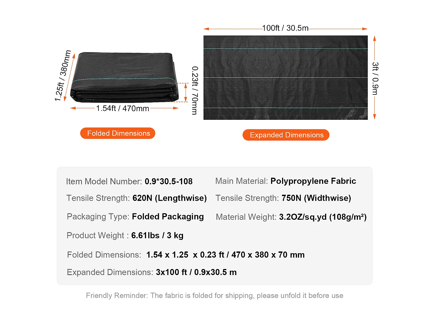 Toile de Paillage，SucceBuy Tissu de paysage anti-mauvaises herbes 0.9 x 30 m Tapis de contrôle des mauvaises herbes tissé en PP robuste