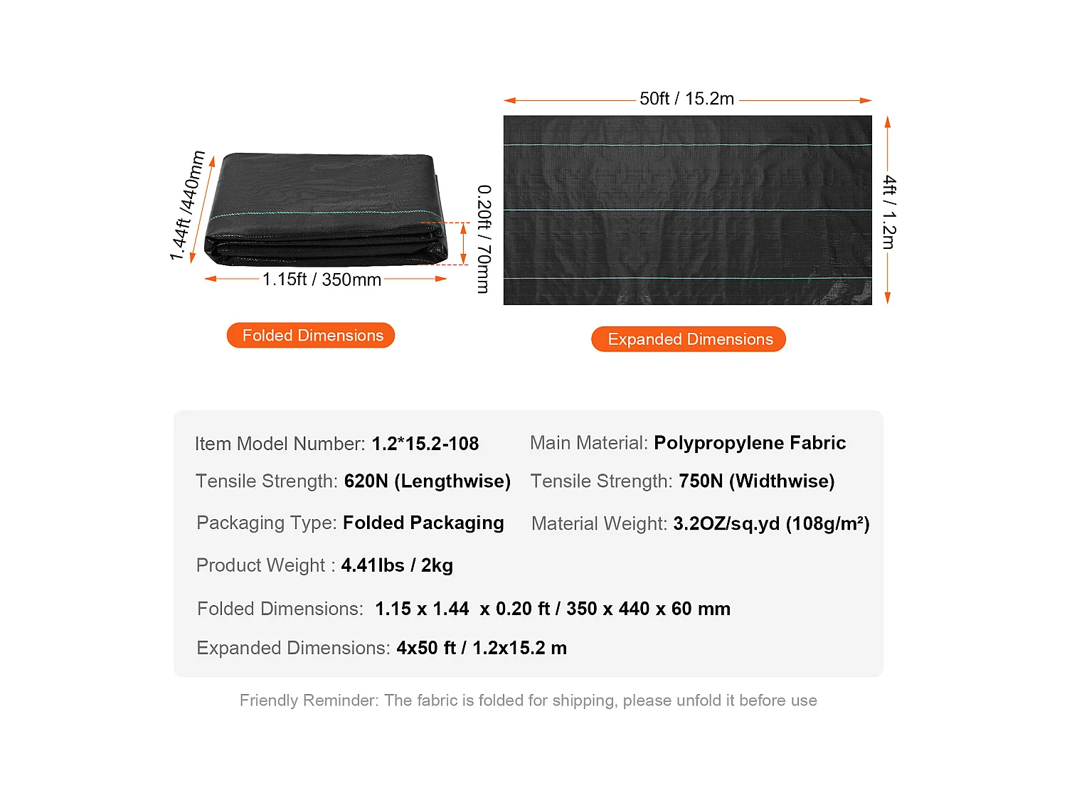 Toile de Paillage，SucceBuy Tissu de protection contre les mauvaises herbes 1.2 x 15 m Tapis de jardin tissé en polypropylène 110V très résistant