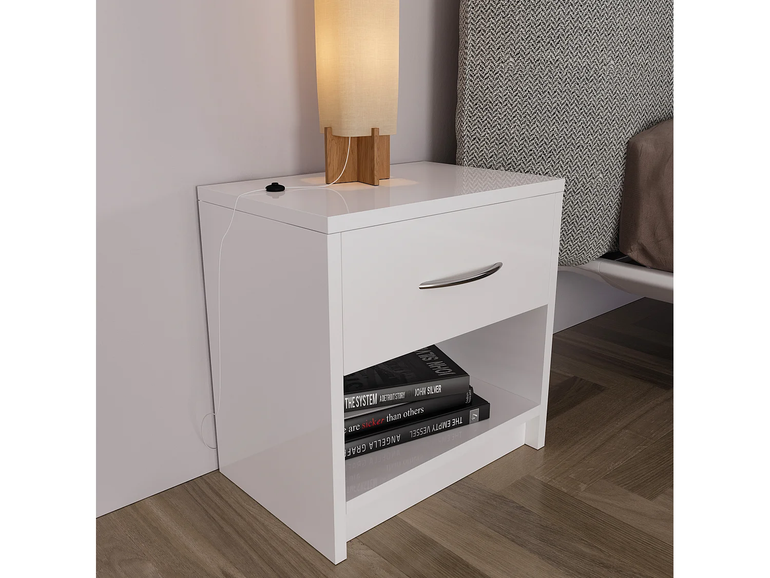 Comodino Con Cassetto E Vano Giorno Per Camera Da Letto Cameretta Ragazzi Studio Ingresso Comò Settimino Zona Notte 39 x 41 x 28 Cm Colore Bianco