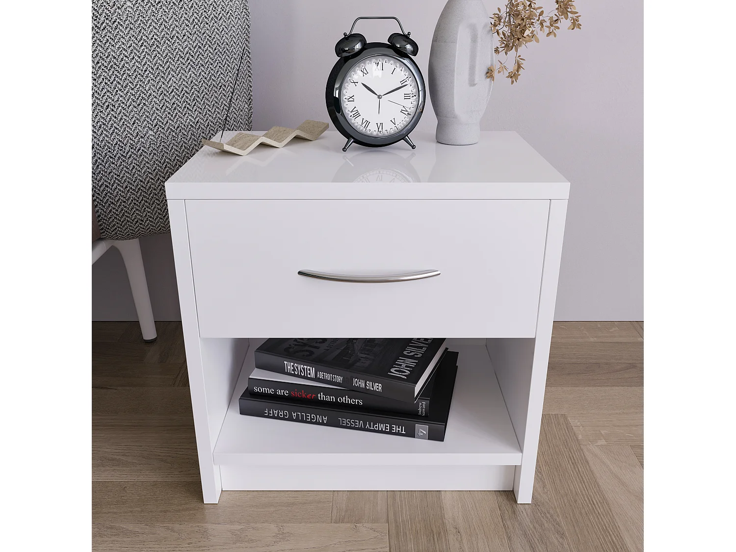 Comodino Con Cassetto E Vano Giorno Per Camera Da Letto Cameretta Ragazzi Studio Ingresso Comò Settimino Zona Notte 39 x 41 x 28 Cm Colore Bianco