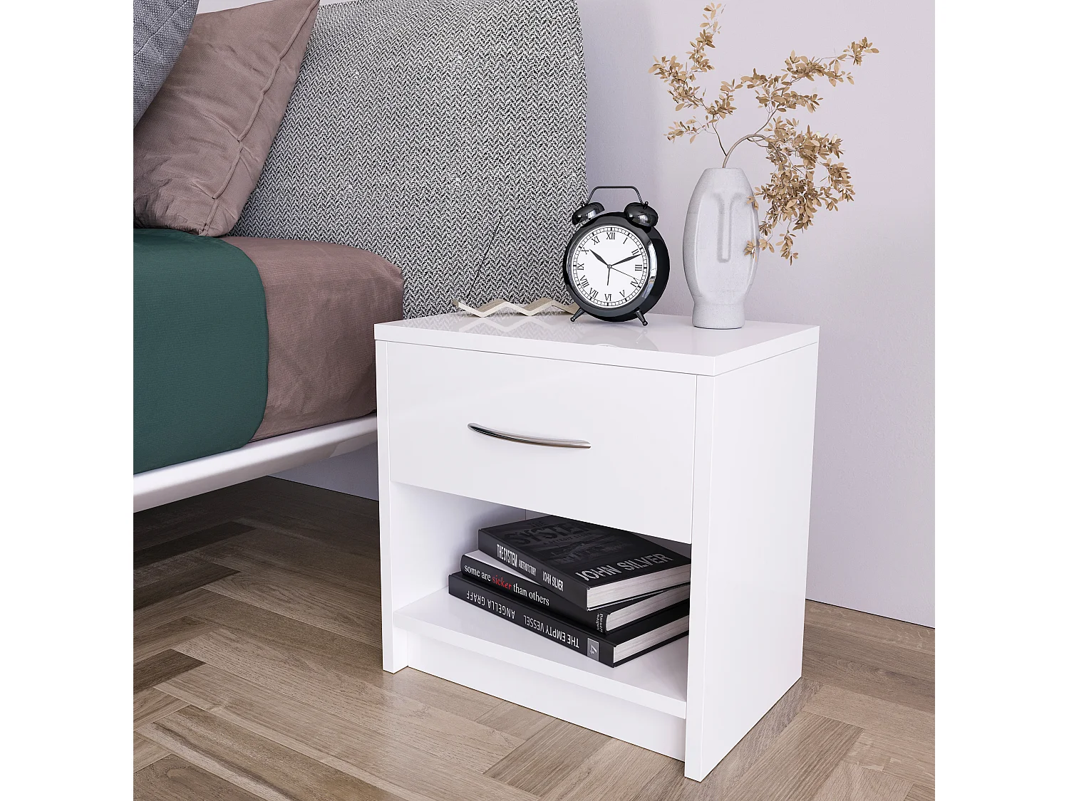 Comodino Con Cassetto E Vano Giorno Per Camera Da Letto Cameretta Ragazzi Studio Ingresso Comò Settimino Zona Notte 39 x 41 x 28 Cm Colore Bianco
