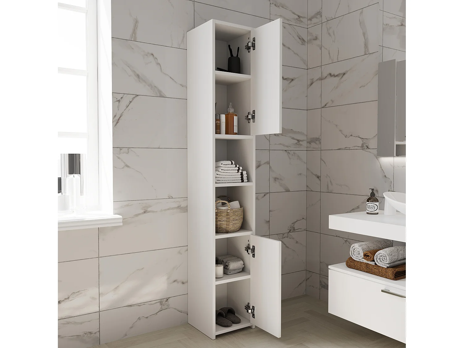 Armadio Armadietto Mobile Alto Bagno Multiuso Colonna 2 Ante 6 Ripiani Salvaspazio Mobiletto Asciugamani Ingresso Camera Letto 180x30x30 Cm Bianco