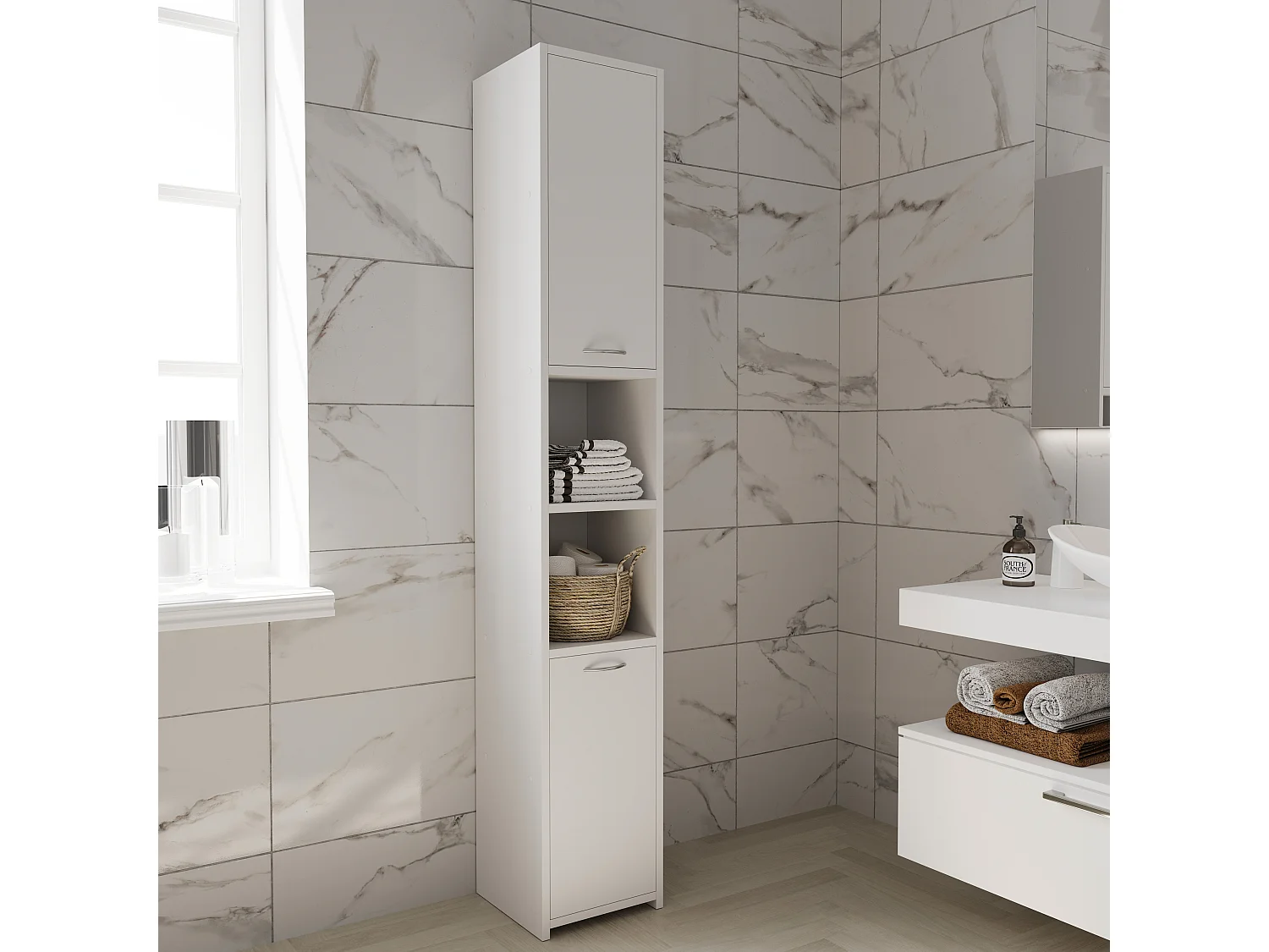 Armadio Armadietto Mobile Alto Bagno Multiuso Colonna 2 Ante 6 Ripiani Salvaspazio Mobiletto Asciugamani Ingresso Camera Letto 180x30x30 Cm Bianco