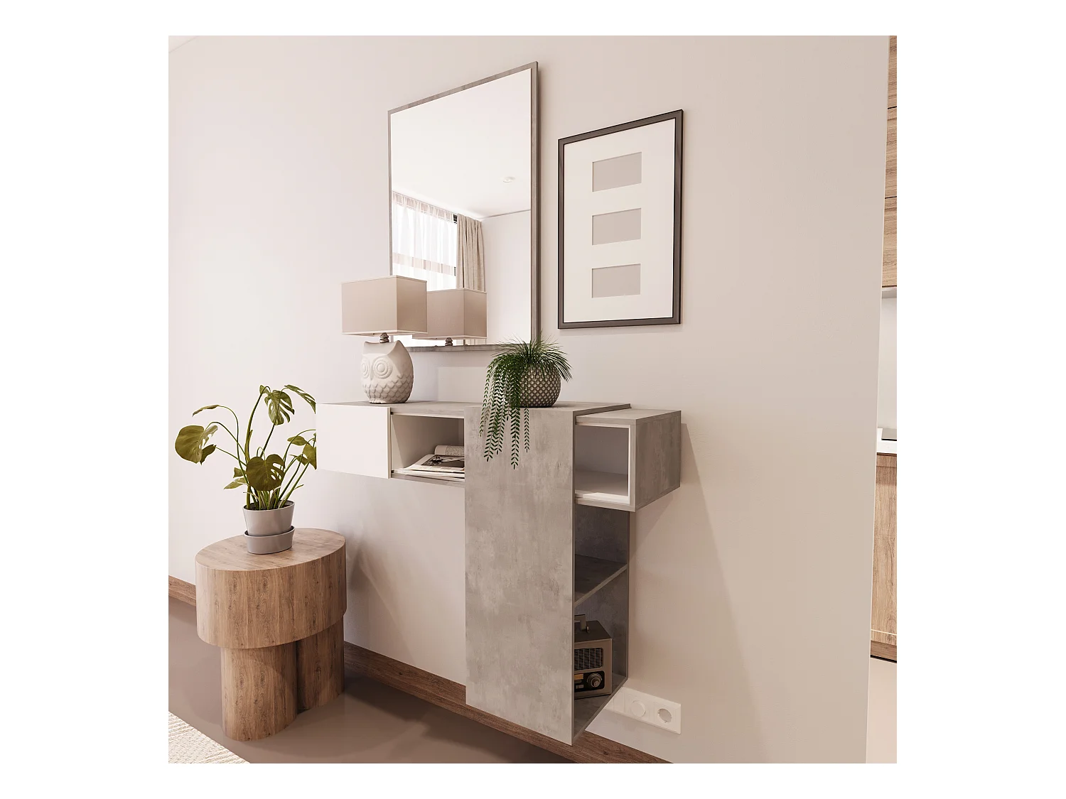 Mobile Danzica Mobiletto da Ingresso Mensola Sospesa con Specchio E Ripiani Scorrevole Arredo Arredamento Sala 100 x 31.5 x 75 cm Colore Bianco e Cemento