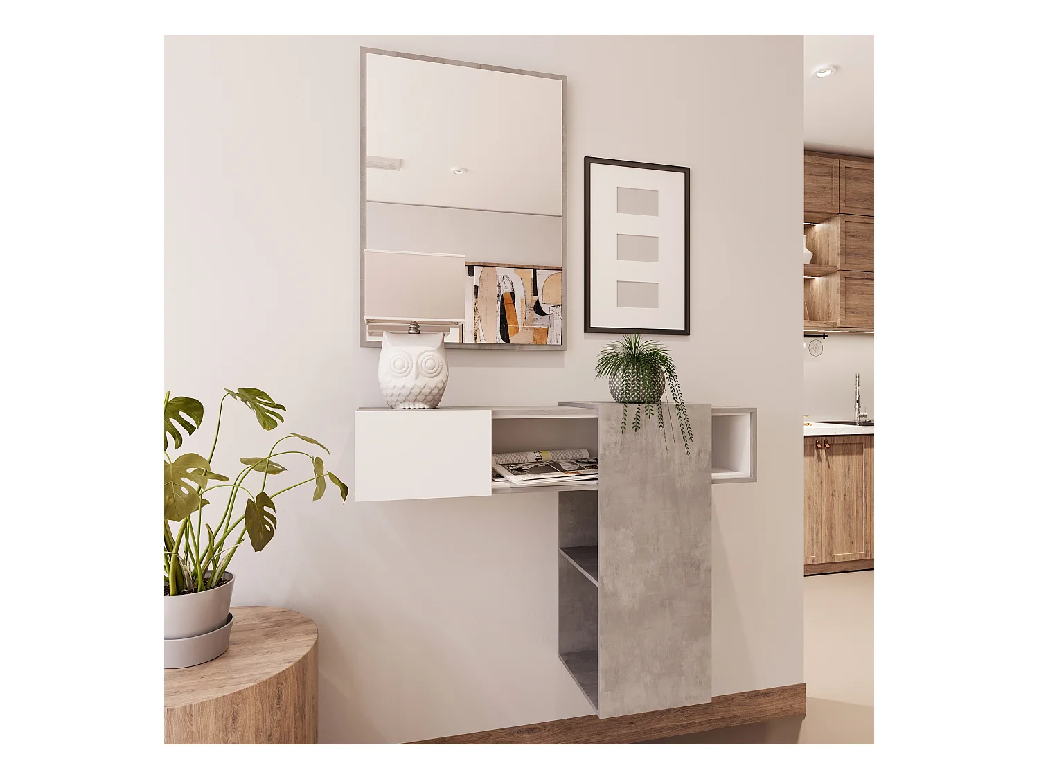 Mobile Danzica Mobiletto da Ingresso Mensola Sospesa con Specchio E Ripiani Scorrevole Arredo Arredamento Sala 100 x 31.5 x 75 cm Colore Bianco e Cemento