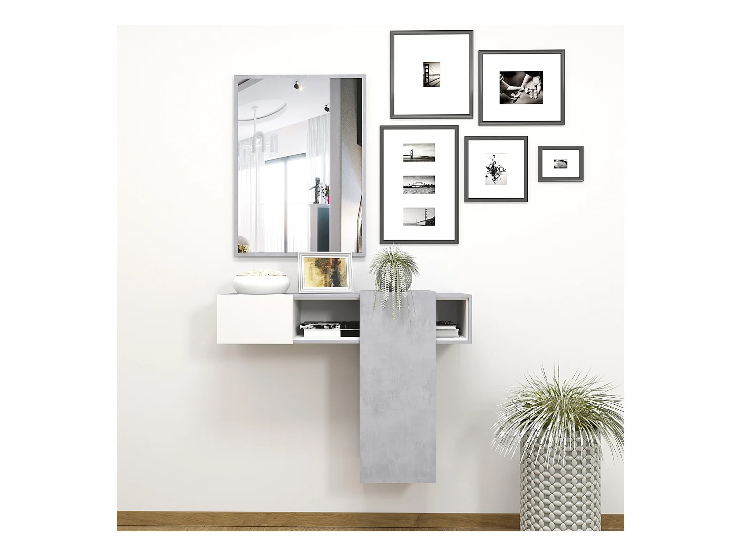 Mobile Danzica Mobiletto da Ingresso Mensola Sospesa con Specchio E Ripiani Scorrevole Arredo Arredamento Sala 100 x 31.5 x 75 cm Colore Bianco e Cemento