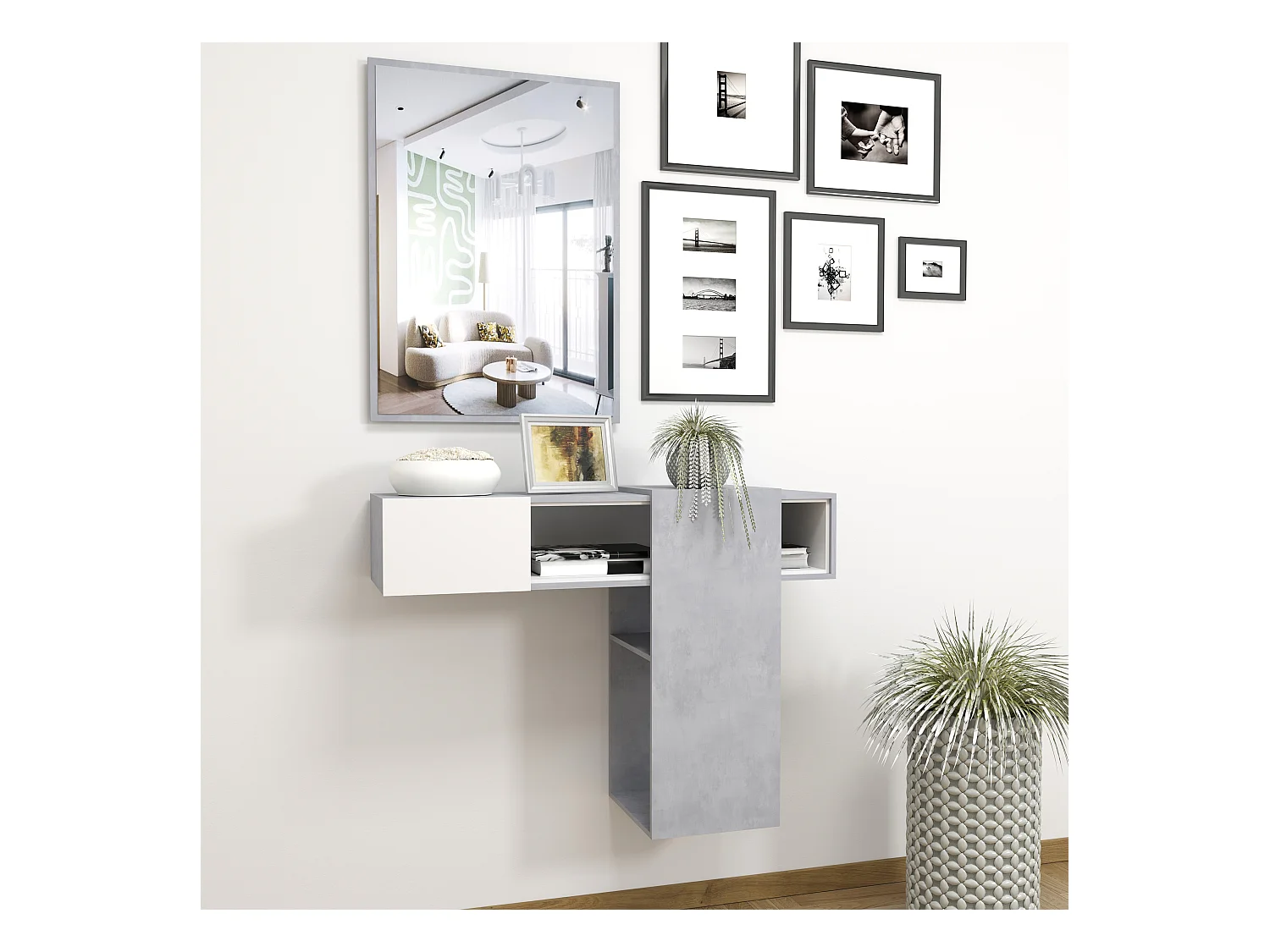 Mobile Danzica Mobiletto da Ingresso Mensola Sospesa con Specchio E Ripiani Scorrevole Arredo Arredamento Sala 100 x 31.5 x 75 cm Colore Bianco e Cemento