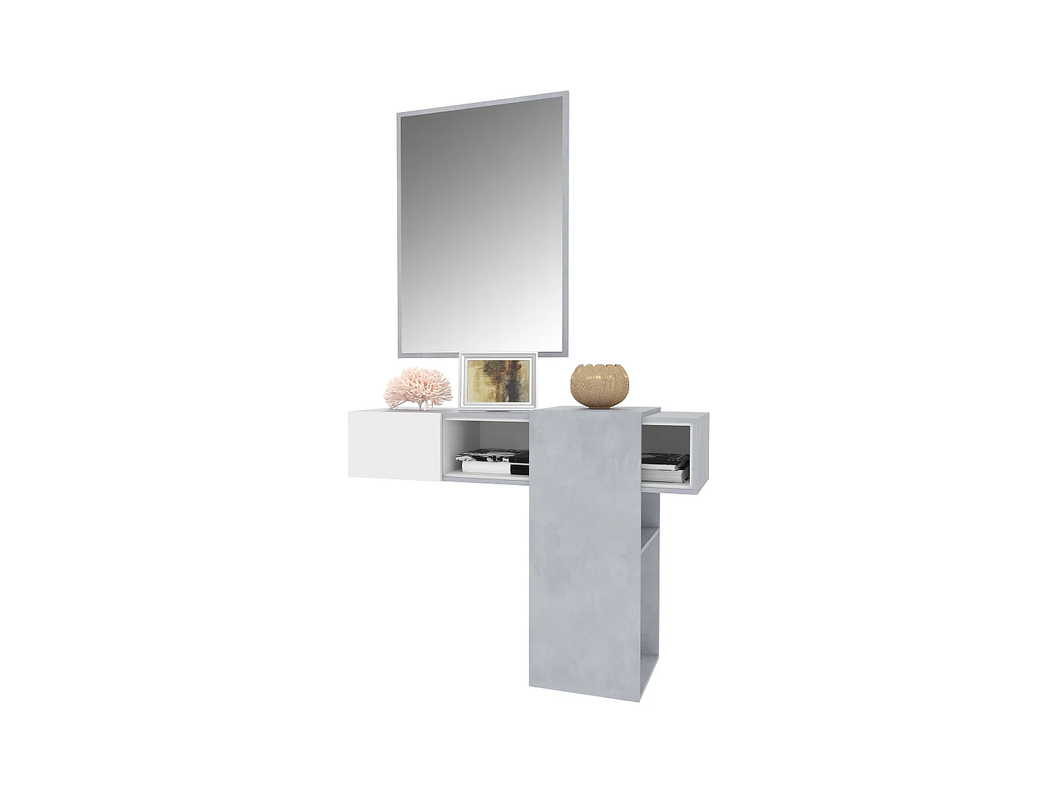 Mobile Danzica Mobiletto da Ingresso Mensola Sospesa con Specchio E Ripiani Scorrevole Arredo Arredamento Sala 100 x 31.5 x 75 cm Colore Bianco e Cemento