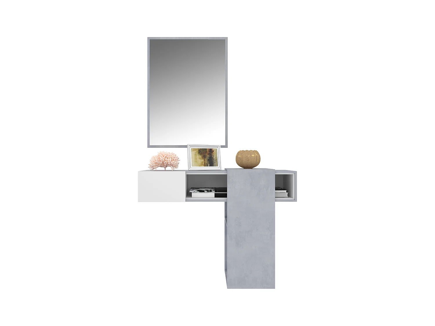 Mobile Danzica Mobiletto da Ingresso Mensola Sospesa con Specchio E Ripiani Scorrevole Arredo Arredamento Sala 100 x 31.5 x 75 cm Colore Bianco e Cemento