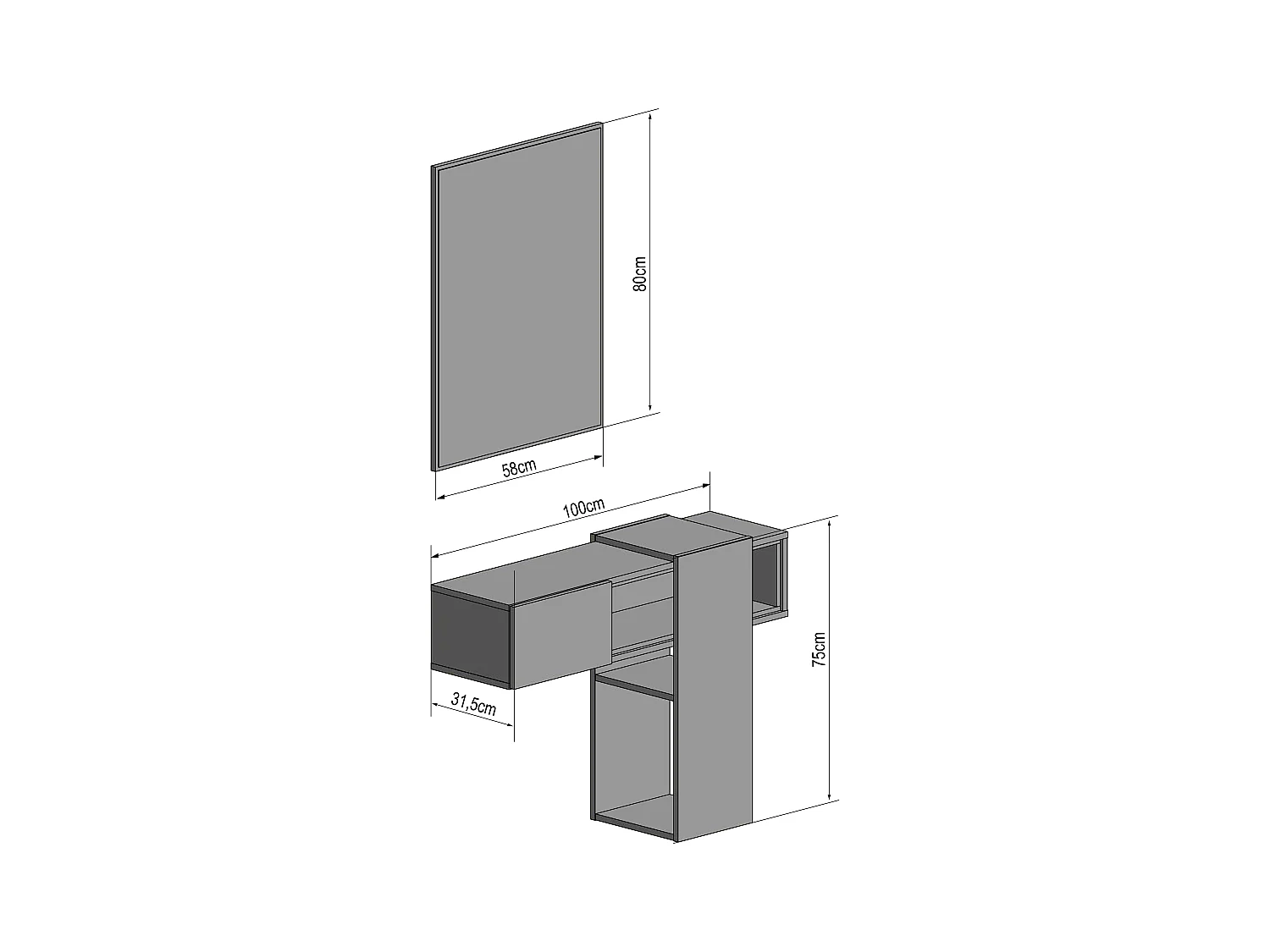 Mobile Danzica Mobiletto da Ingresso Mensola Sospesa con Specchio E Ripiani Scorrevole Arredo Arredamento Sala 100 x 31.5 x 75 cm Colore Bianco e Cemento