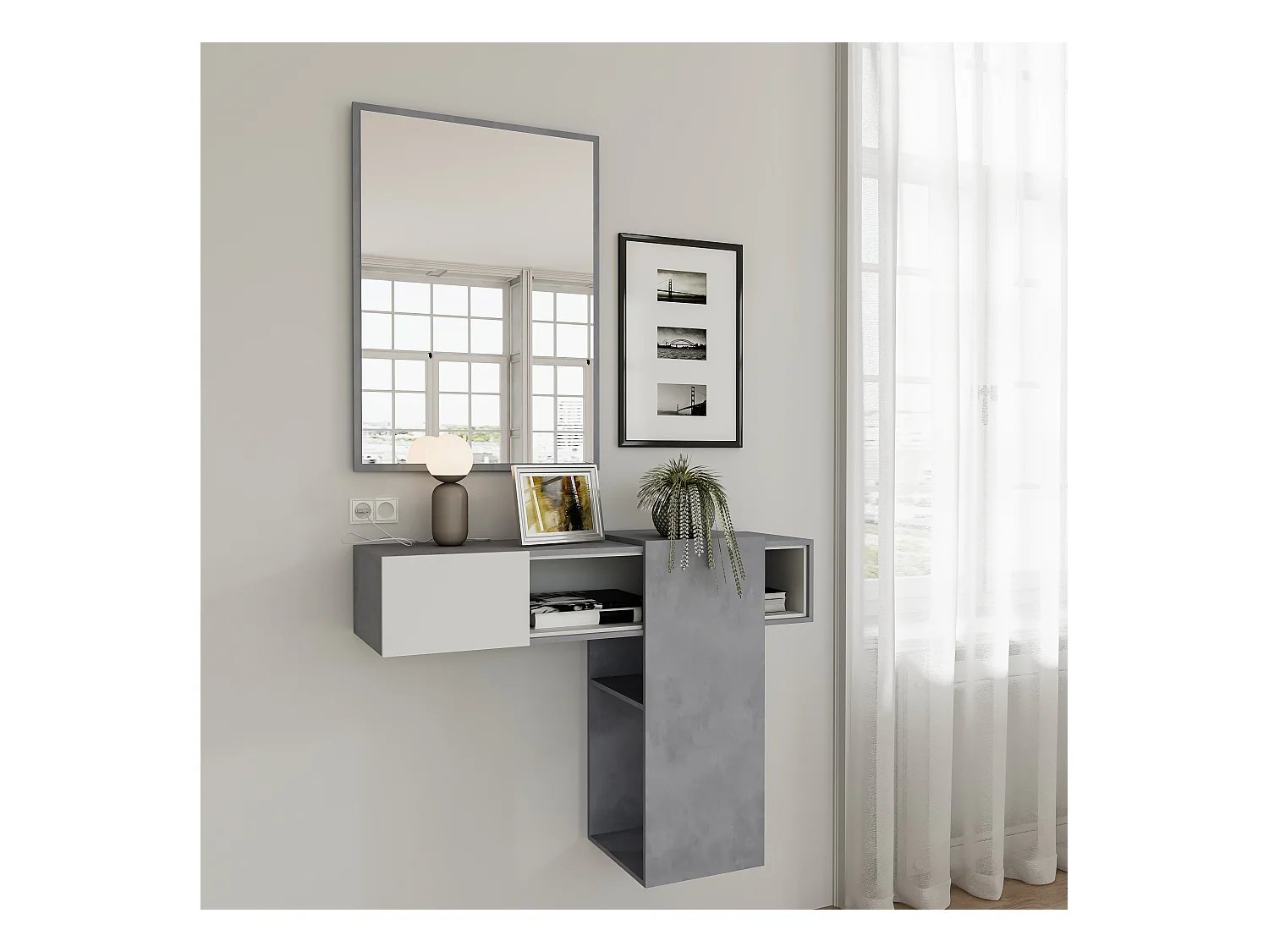 Mobile Danzica Mobiletto da Ingresso Mensola Sospesa con Specchio E Ripiani Scorrevole Arredo Arredamento Sala 100 x 31.5 x 75 cm Colore Bianco e Cemento