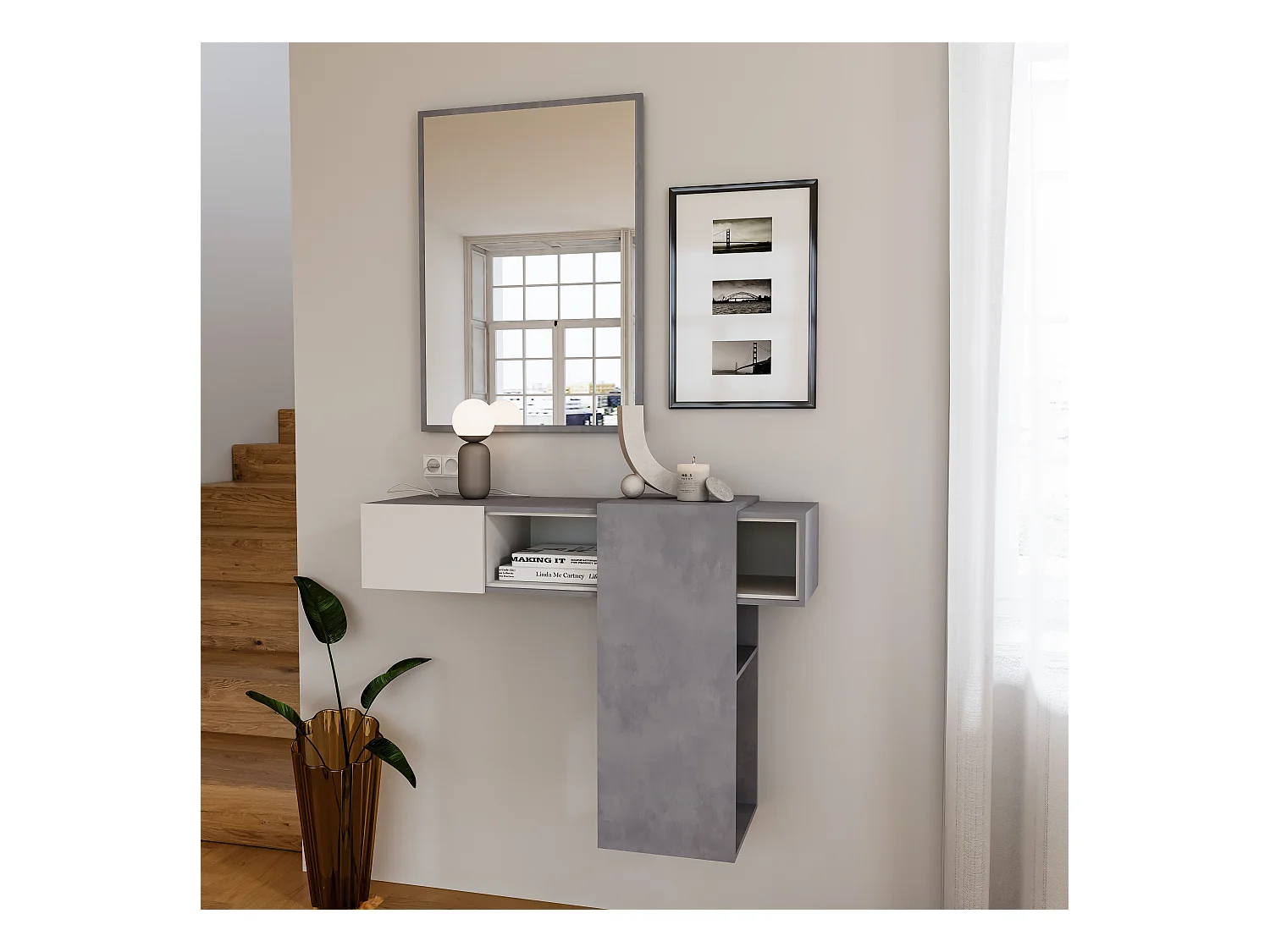 Mobile Danzica Mobiletto da Ingresso Mensola Sospesa con Specchio E Ripiani Scorrevole Arredo Arredamento Sala 100 x 31.5 x 75 cm Colore Bianco e Cemento
