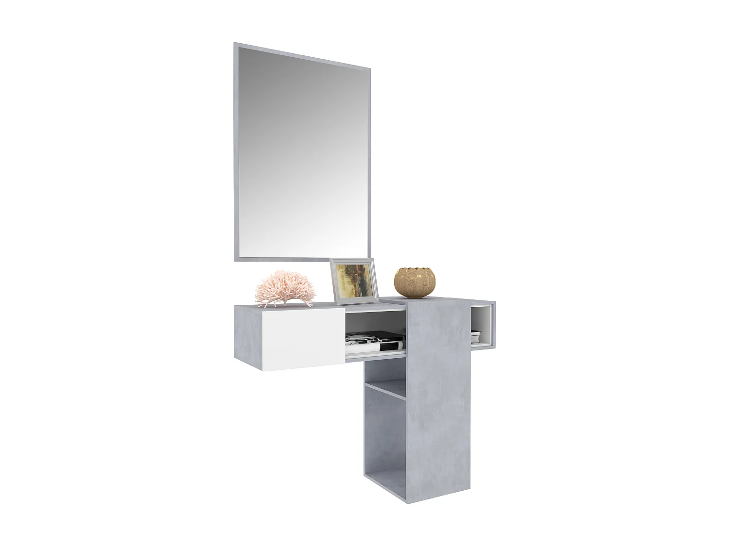 Mobile Danzica Mobiletto da Ingresso Mensola Sospesa con Specchio E Ripiani Scorrevole Arredo Arredamento Sala 100 x 31.5 x 75 cm Colore Bianco e Cemento