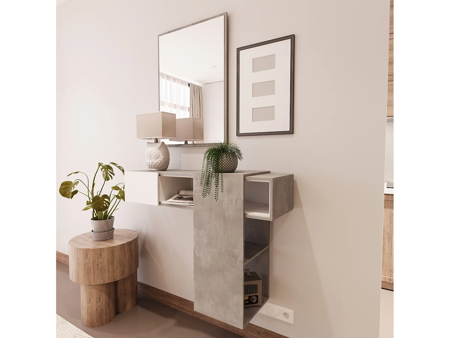 Mobile Danzica Mobiletto da Ingresso Mensola Sospesa con Specchio E Ripiani Scorrevole Arredo Arredamento Sala 100 x 31.5 x 75 cm Colore Bianco e Cemento