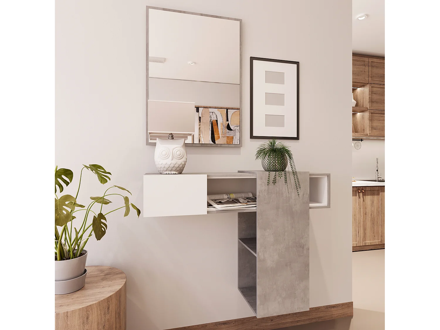 Mobile Danzica Mobiletto da Ingresso Mensola Sospesa con Specchio E Ripiani Scorrevole Arredo Arredamento Sala 100 x 31.5 x 75 cm Colore Bianco e Cemento