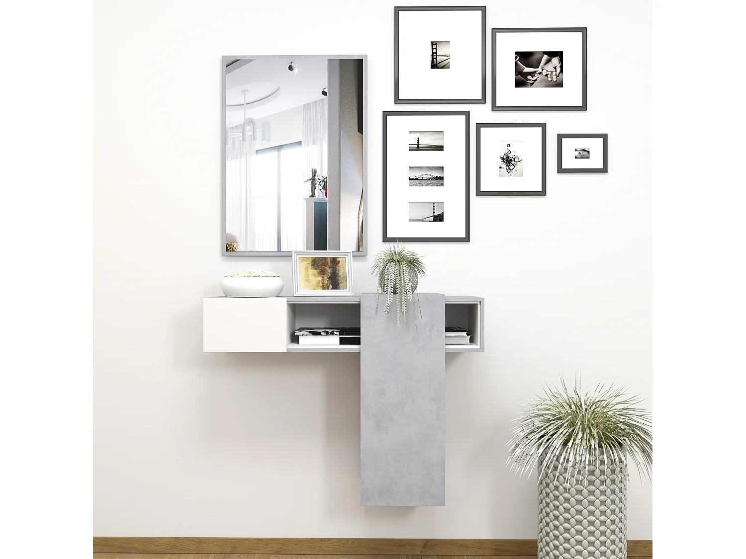 Mobile Danzica Mobiletto da Ingresso Mensola Sospesa con Specchio E Ripiani Scorrevole Arredo Arredamento Sala 100 x 31.5 x 75 cm Colore Bianco e Cemento