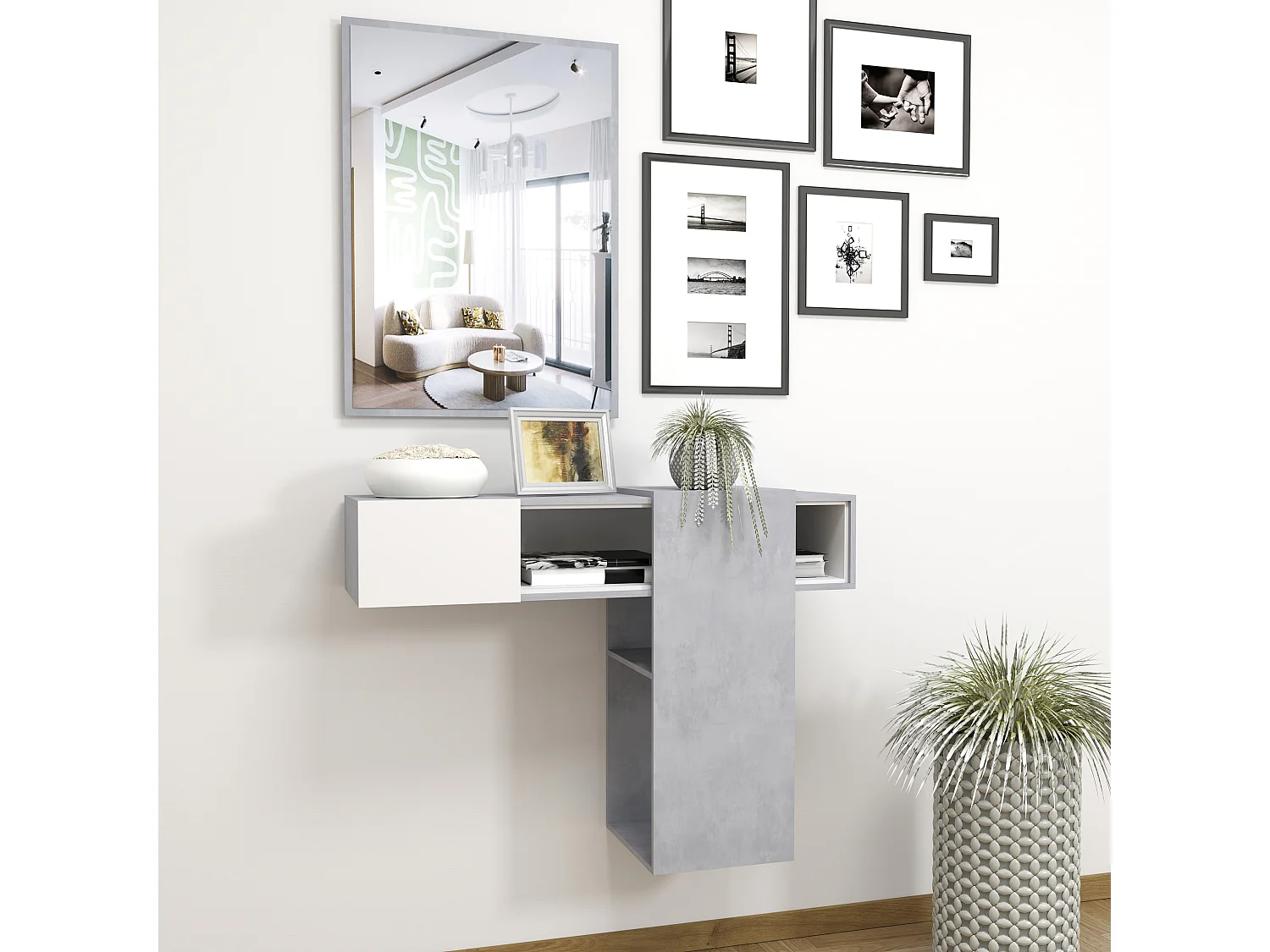 Mobile Danzica Mobiletto da Ingresso Mensola Sospesa con Specchio E Ripiani Scorrevole Arredo Arredamento Sala 100 x 31.5 x 75 cm Colore Bianco e Cemento
