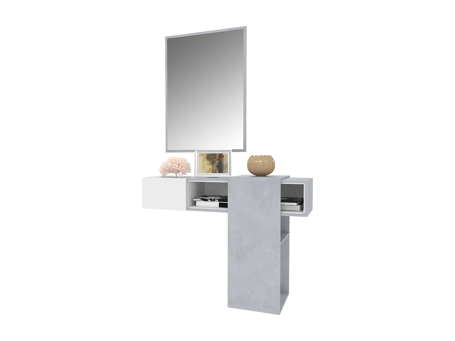 Mobile Danzica Mobiletto da Ingresso Mensola Sospesa con Specchio E Ripiani Scorrevole Arredo Arredamento Sala 100 x 31.5 x 75 cm Colore Bianco e Cemento