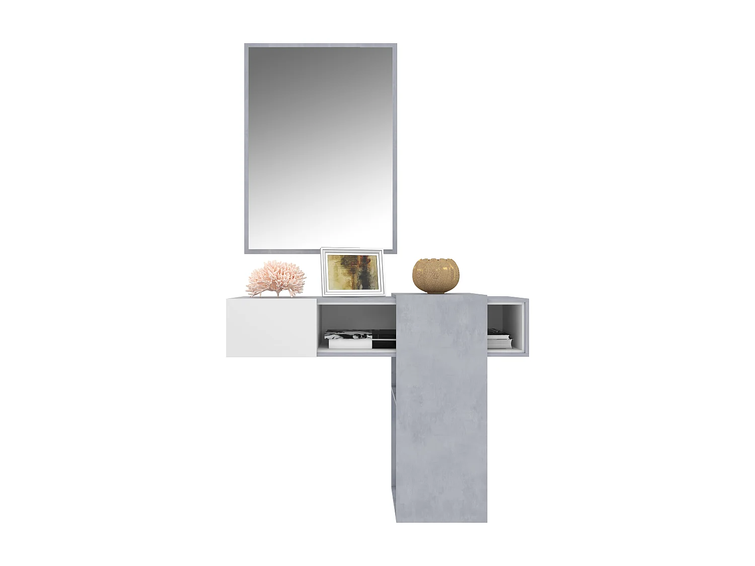Mobile Danzica Mobiletto da Ingresso Mensola Sospesa con Specchio E Ripiani Scorrevole Arredo Arredamento Sala 100 x 31.5 x 75 cm Colore Bianco e Cemento