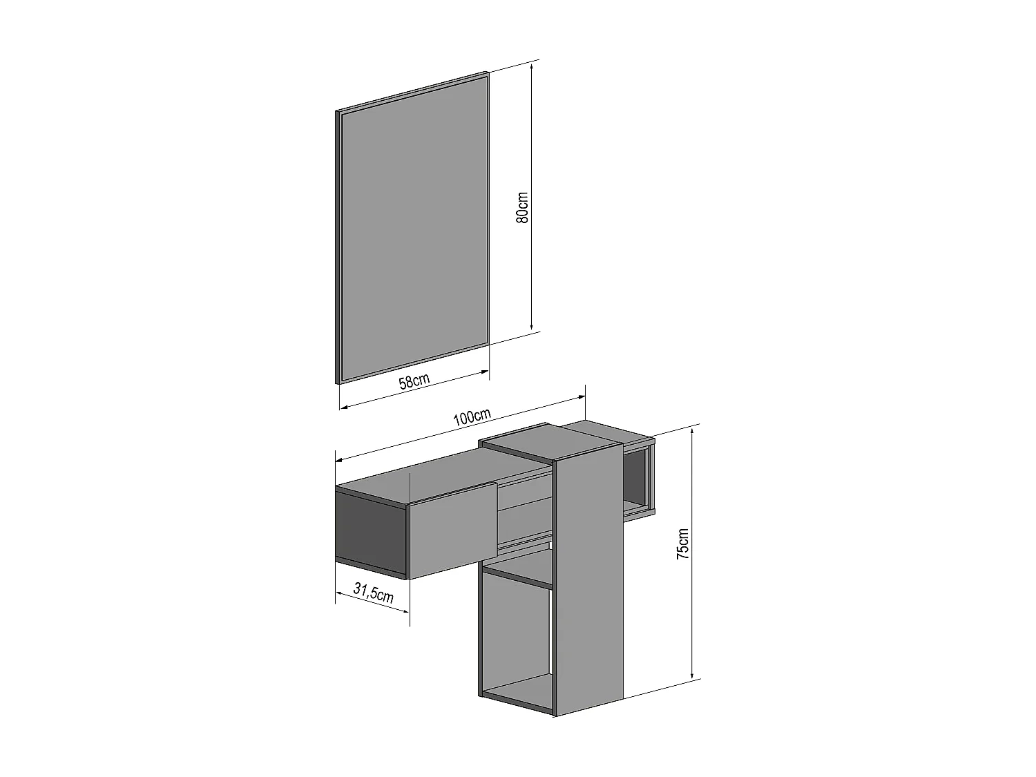 Mobile Danzica Mobiletto da Ingresso Mensola Sospesa con Specchio E Ripiani Scorrevole Arredo Arredamento Sala 100 x 31.5 x 75 cm Colore Bianco e Cemento