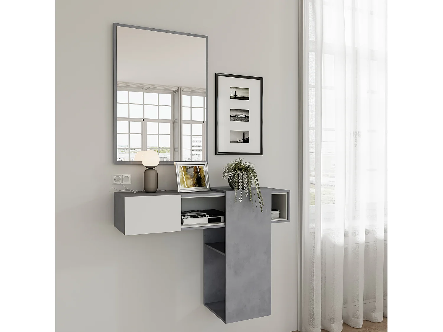 Mobile Danzica Mobiletto da Ingresso Mensola Sospesa con Specchio E Ripiani Scorrevole Arredo Arredamento Sala 100 x 31.5 x 75 cm Colore Bianco e Cemento