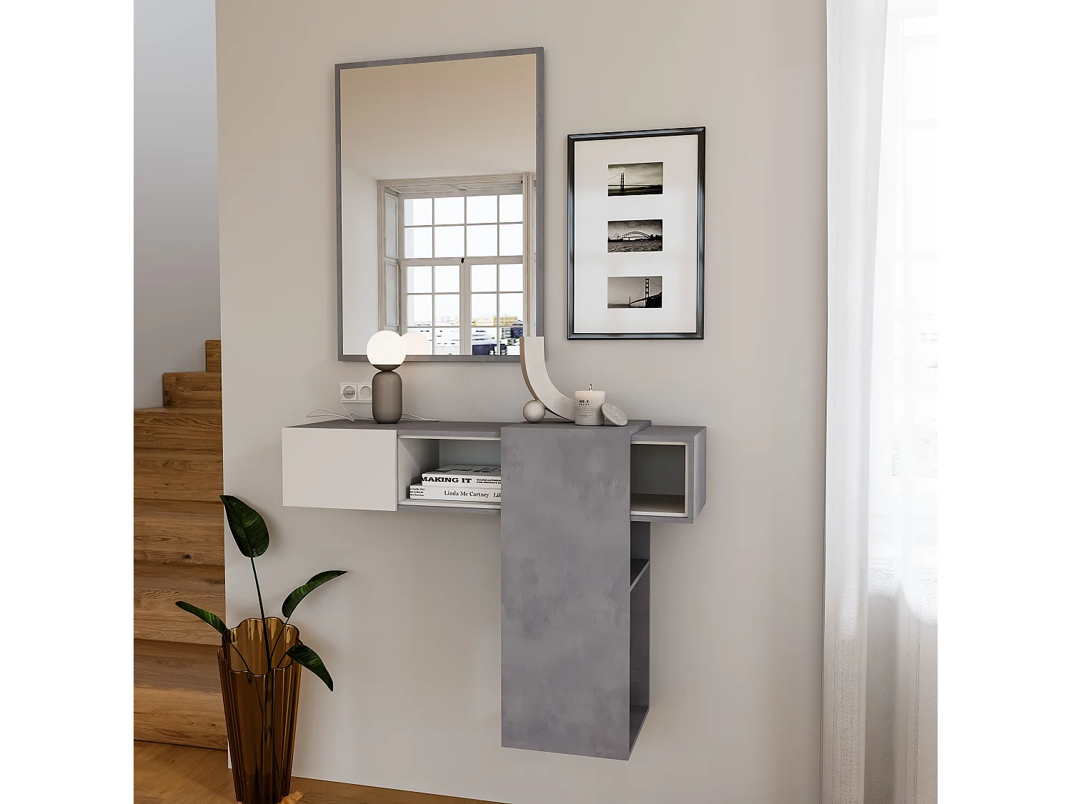 Mobile Danzica Mobiletto da Ingresso Mensola Sospesa con Specchio E Ripiani Scorrevole Arredo Arredamento Sala 100 x 31.5 x 75 cm Colore Bianco e Cemento