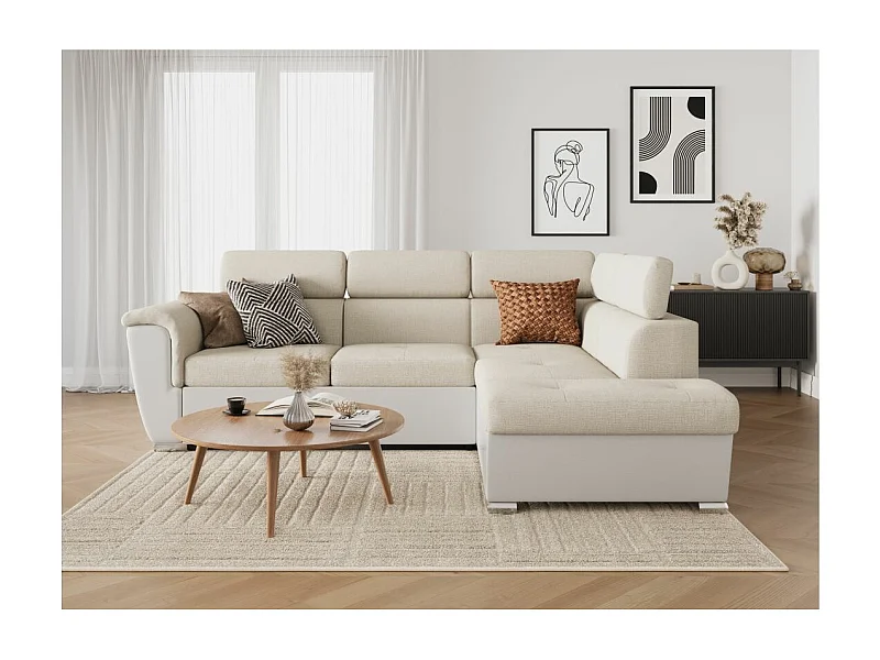 Canapé d'angle droit PAOLA convertible 4 places tissu Easy Clean antitache et simili - Beige/Blanc
