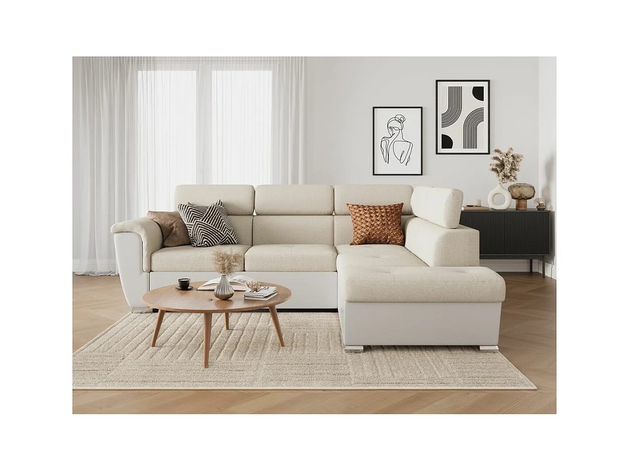 Canapé d'angle droit PAOLA convertible 4 places tissu Easy Clean antitache et simili - Beige/Blanc