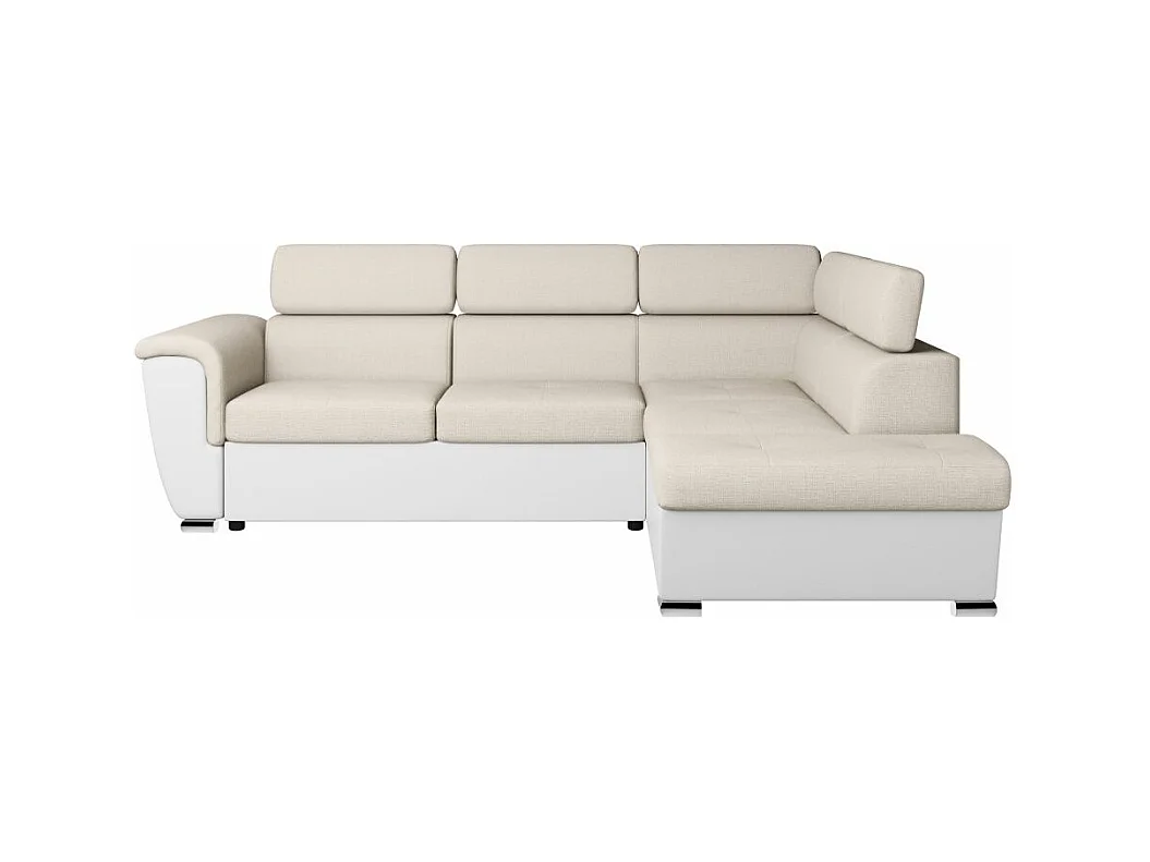 Canapé d'angle droit PAOLA convertible 4 places tissu Easy Clean antitache et simili - Beige/Blanc