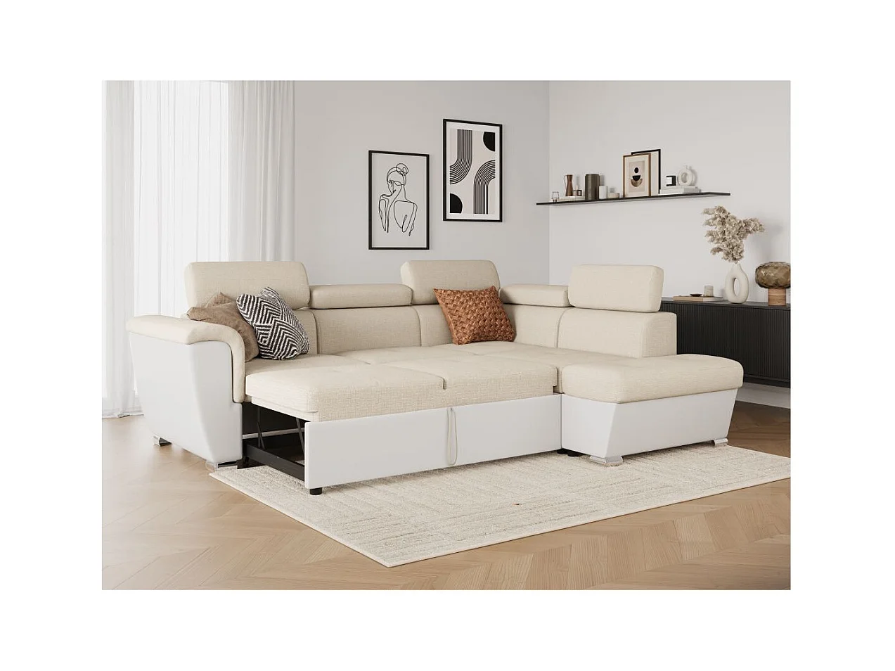 Canapé d'angle droit PAOLA convertible 4 places tissu Easy Clean antitache et simili - Beige/Blanc