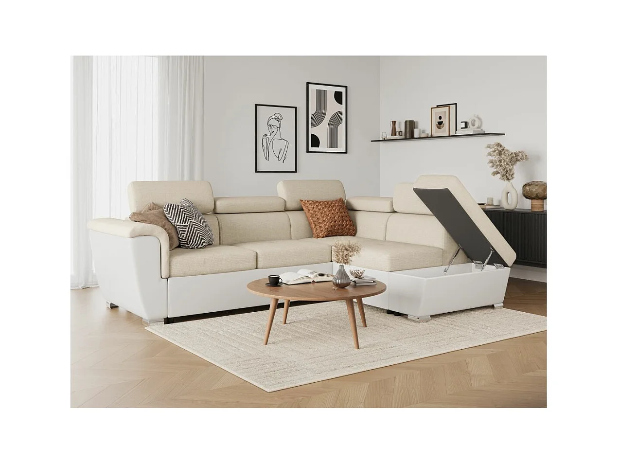 Canapé d'angle droit PAOLA convertible 4 places tissu Easy Clean antitache et simili - Beige/Blanc