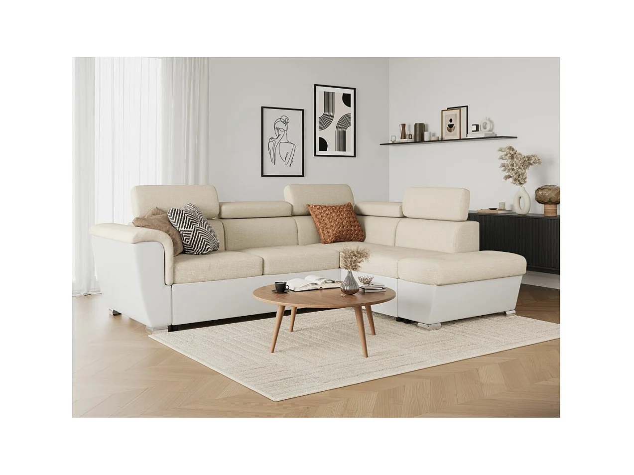 Canapé d'angle droit PAOLA convertible 4 places tissu Easy Clean antitache et simili - Beige/Blanc