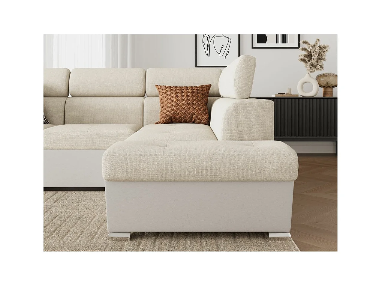 Canapé d'angle droit PAOLA convertible 4 places tissu Easy Clean antitache et simili - Beige/Blanc