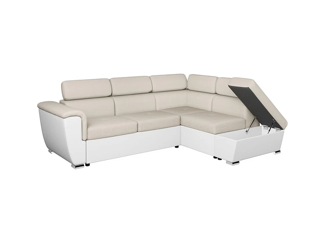 Canapé d'angle droit PAOLA convertible 4 places tissu Easy Clean antitache et simili - Beige/Blanc