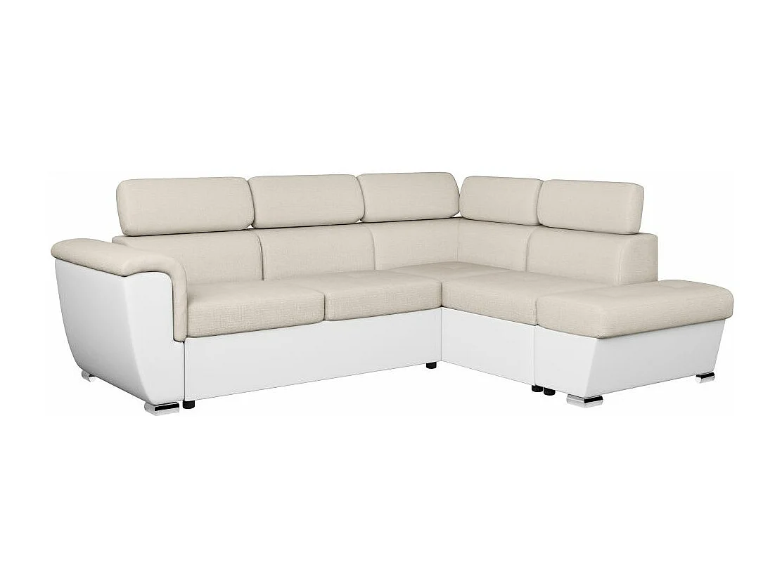 Canapé d'angle droit PAOLA convertible 4 places tissu Easy Clean antitache et simili - Beige/Blanc