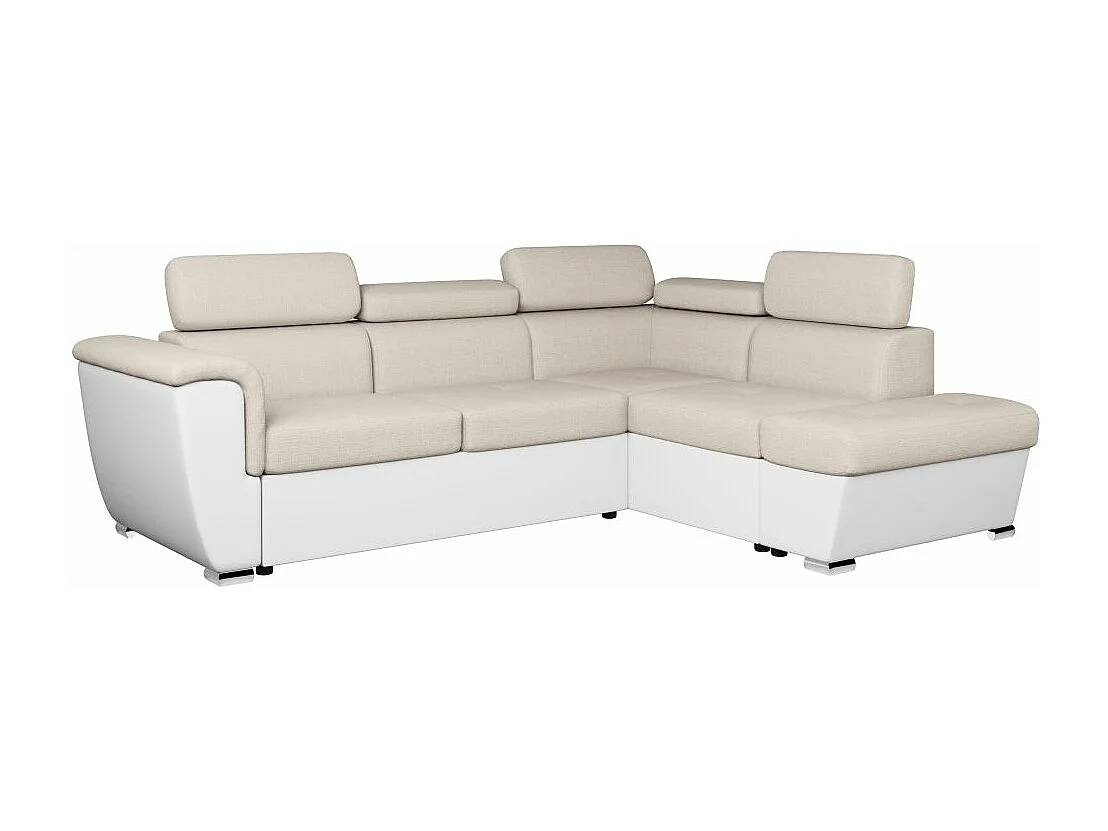 Canapé d'angle droit PAOLA convertible 4 places tissu Easy Clean antitache et simili - Beige/Blanc