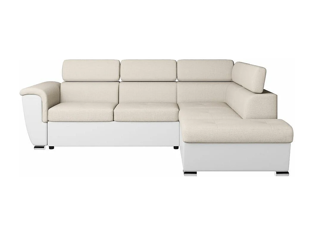 Canapé d'angle droit PAOLA convertible 4 places tissu Easy Clean antitache et simili - Beige/Blanc