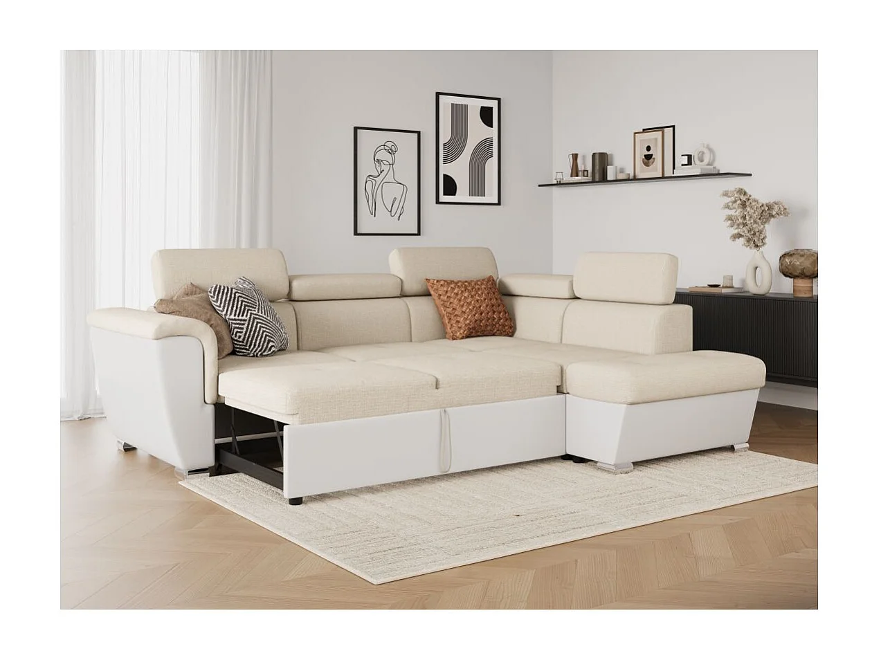 Canapé d'angle droit PAOLA convertible 4 places tissu Easy Clean antitache et simili - Beige/Blanc