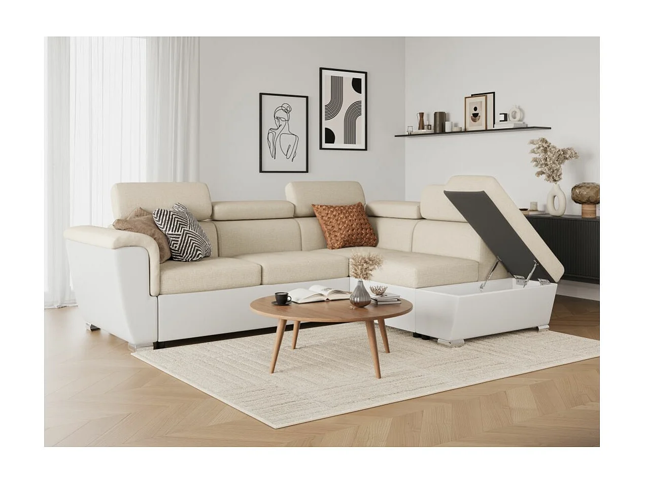 Canapé d'angle droit PAOLA convertible 4 places tissu Easy Clean antitache et simili - Beige/Blanc