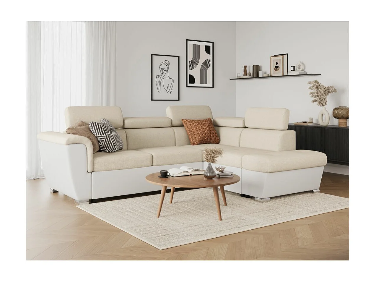 Canapé d'angle droit PAOLA convertible 4 places tissu Easy Clean antitache et simili - Beige/Blanc