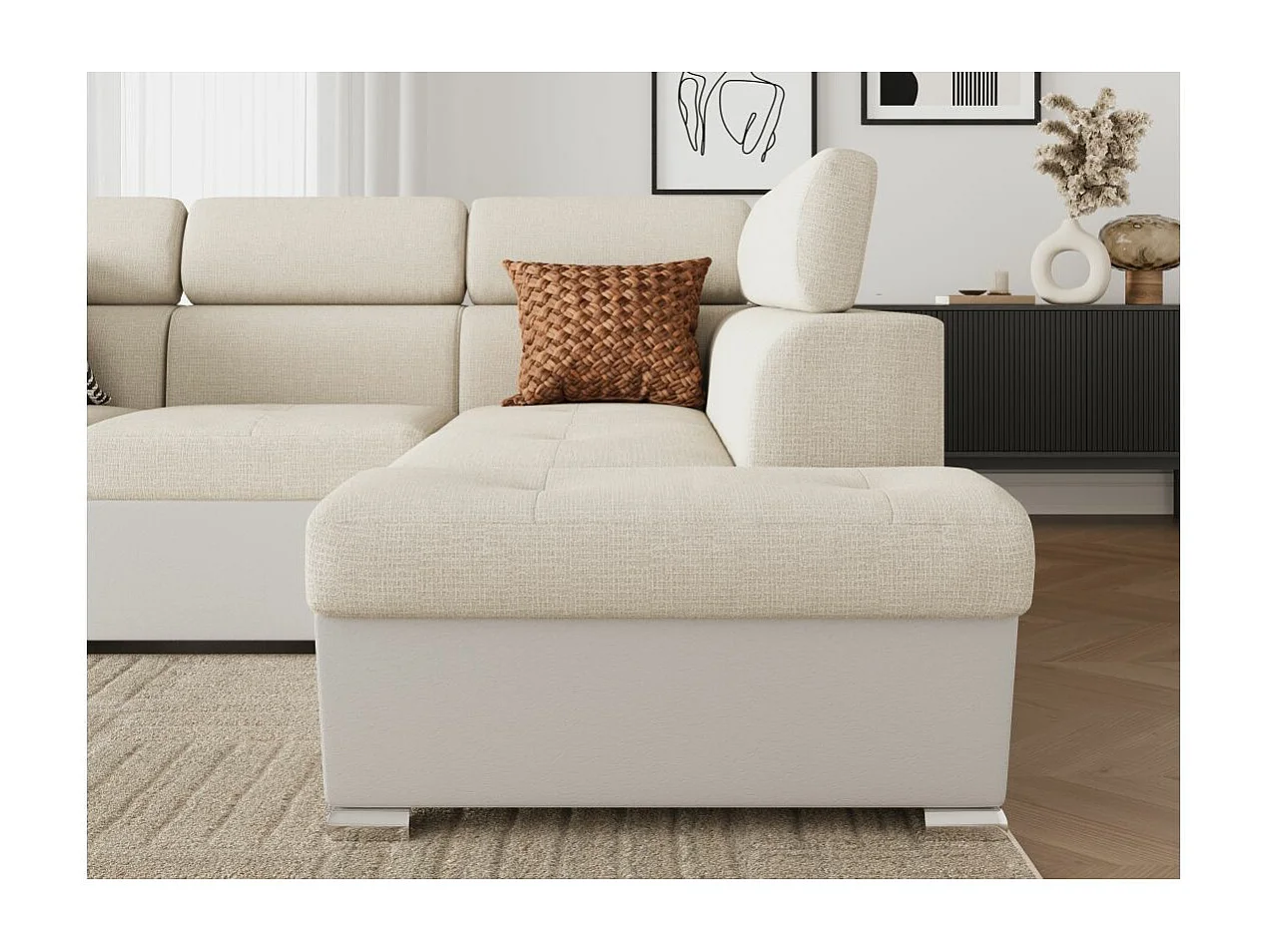 Canapé d'angle droit PAOLA convertible 4 places tissu Easy Clean antitache et simili - Beige/Blanc