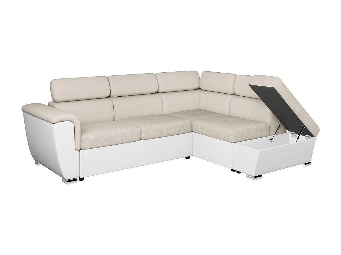 Canapé d'angle droit PAOLA convertible 4 places tissu Easy Clean antitache et simili - Beige/Blanc