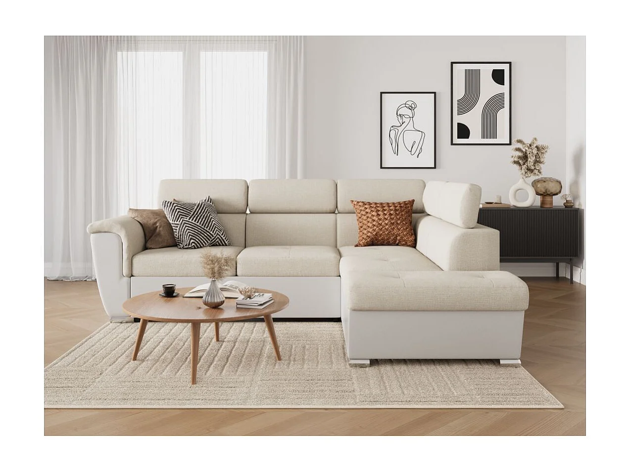 Canapé d'angle droit PAOLA convertible 4 places tissu Easy Clean antitache et simili - Beige/Blanc