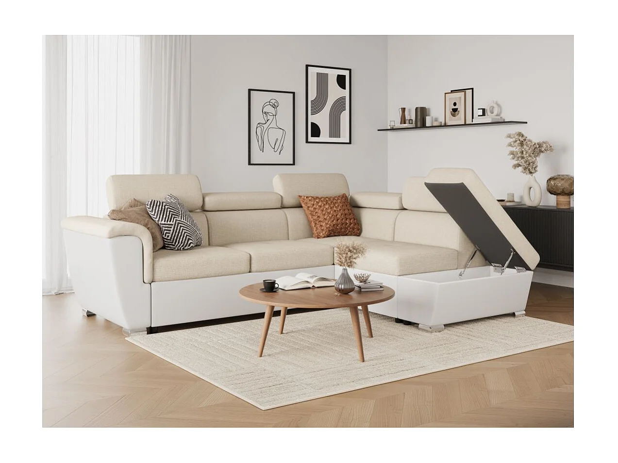 Canapé d'angle droit PAOLA convertible 4 places tissu Easy Clean antitache et simili - Beige/Blanc