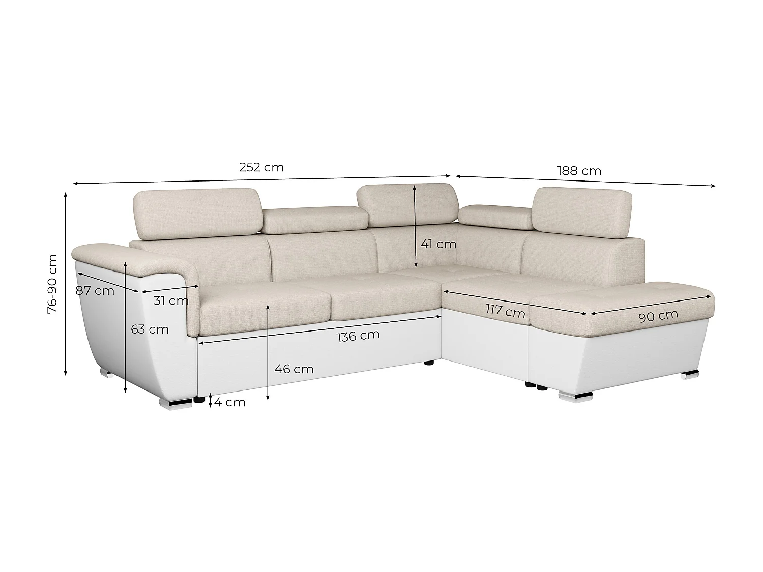 Canapé d'angle droit PAOLA convertible 4 places tissu Easy Clean antitache et simili - Beige/Blanc