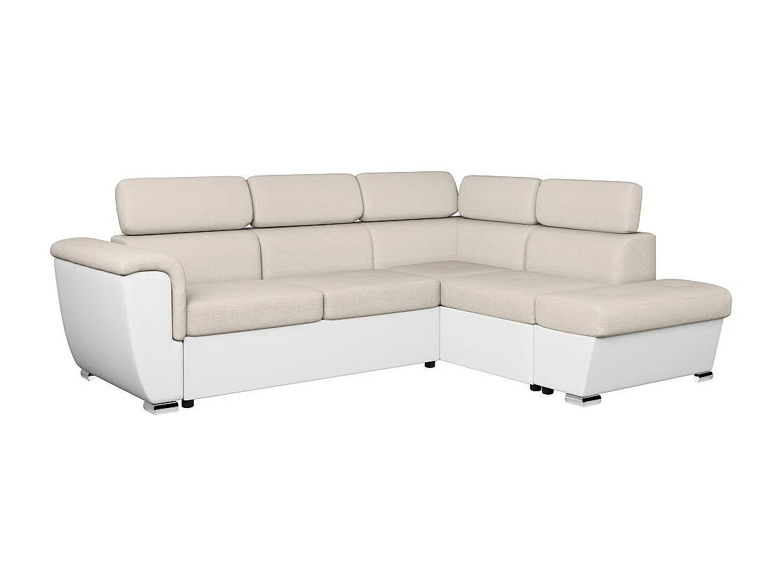 Canapé d'angle droit PAOLA convertible 4 places tissu Easy Clean antitache et simili - Beige/Blanc
