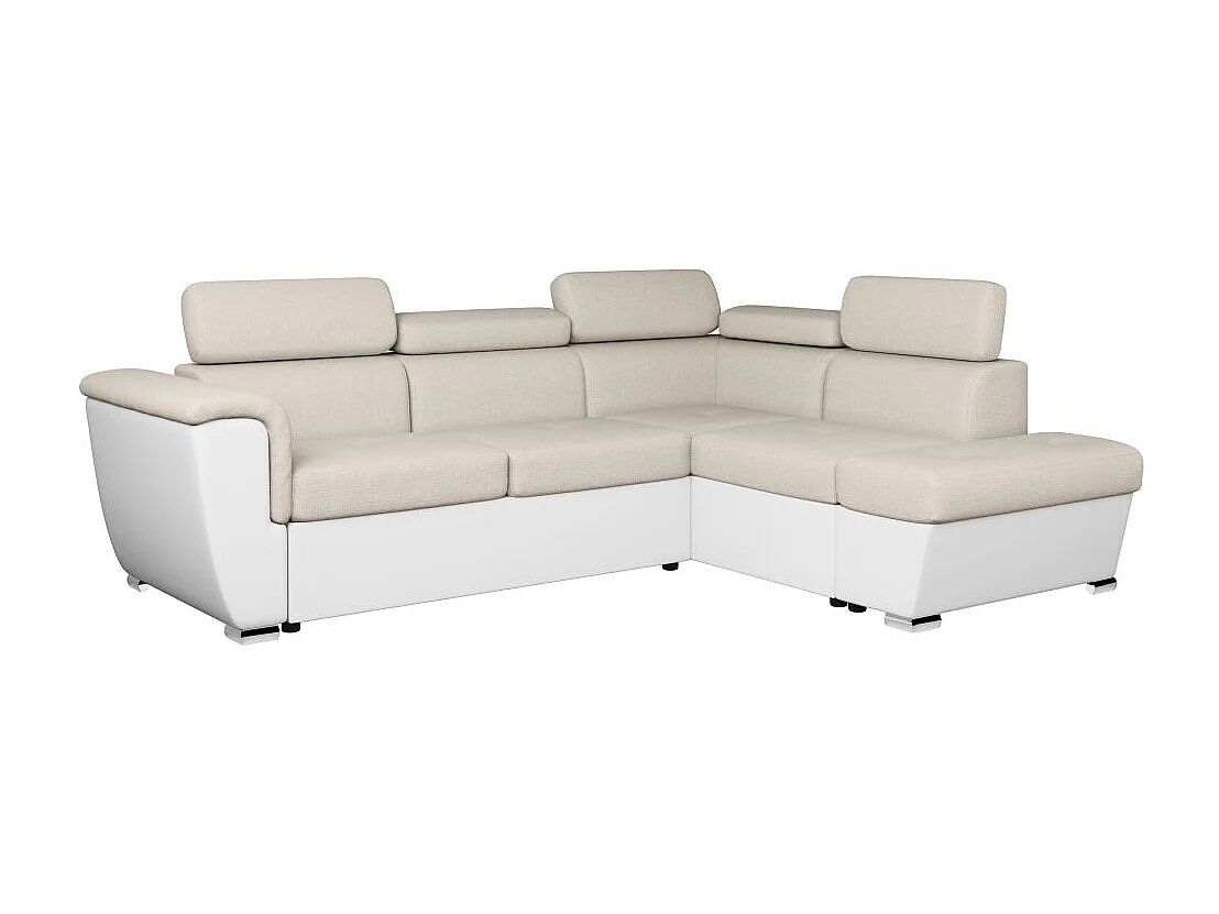 Canapé d'angle droit PAOLA convertible 4 places tissu Easy Clean antitache et simili - Beige/Blanc
